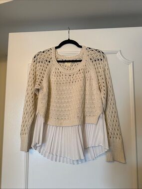 Maeve Cream Open-Knit Crew Sweater with Pleated Hem